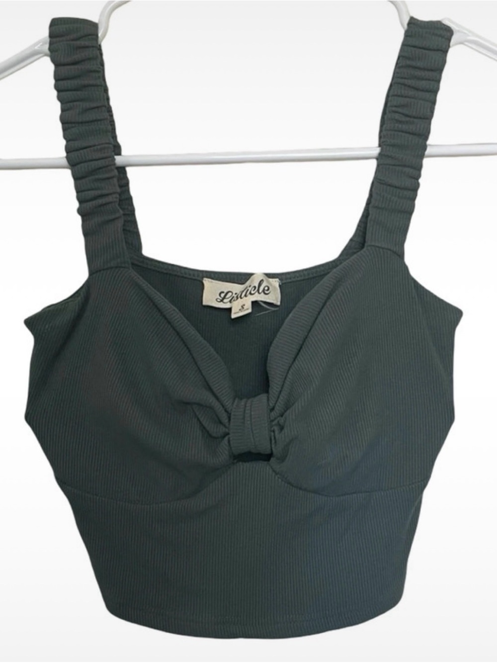 Listicle Ribbed Crop Tank Top Green Ruched Straps Size Small